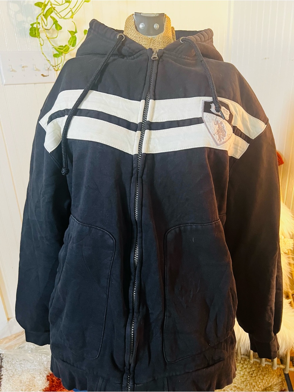 VTG US Polo /Ralph Lauren Black Hooded Zip-Up Jacket with White Chevron Stripe